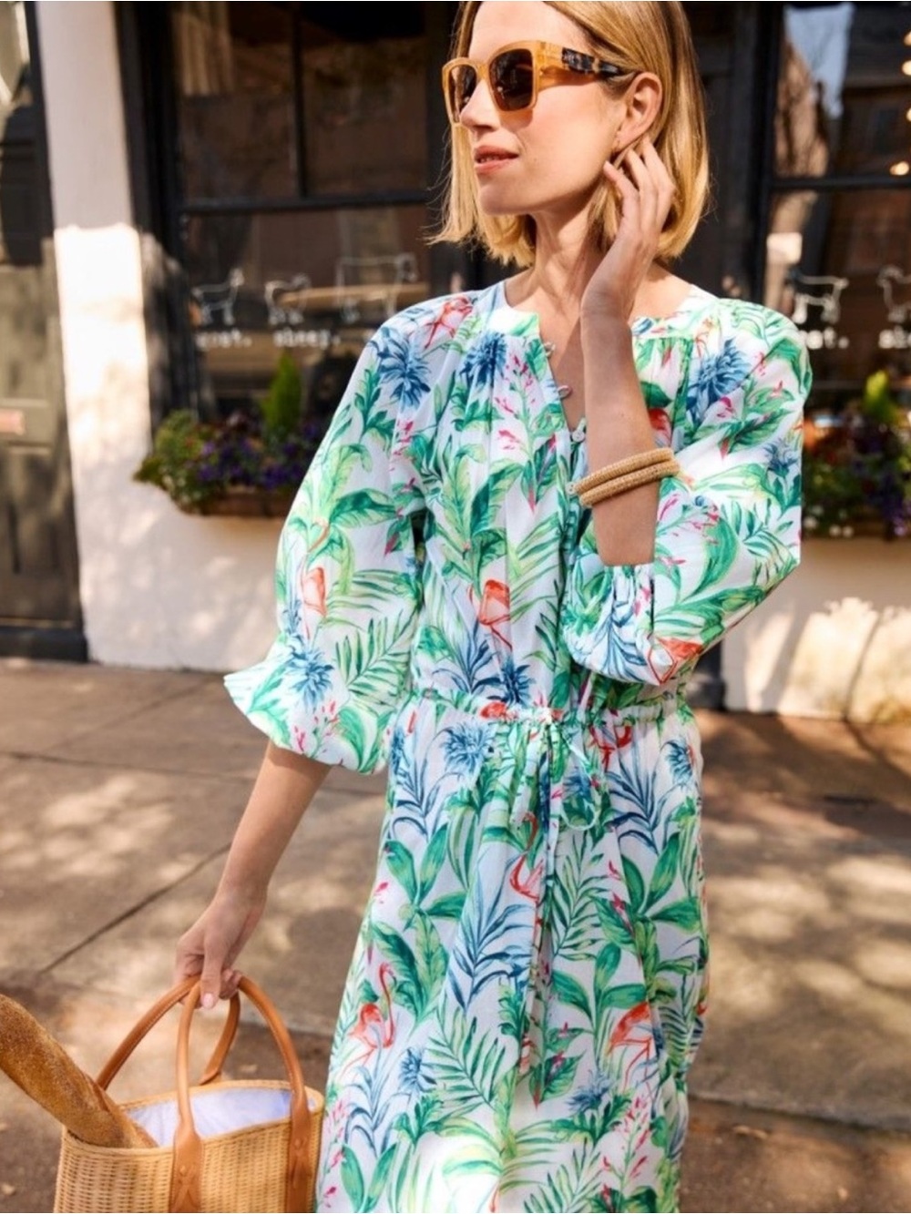J Mclaughlin Maxi Dress with Tropical Leaf &Flamingo Print White/Green. Sz S-NWT